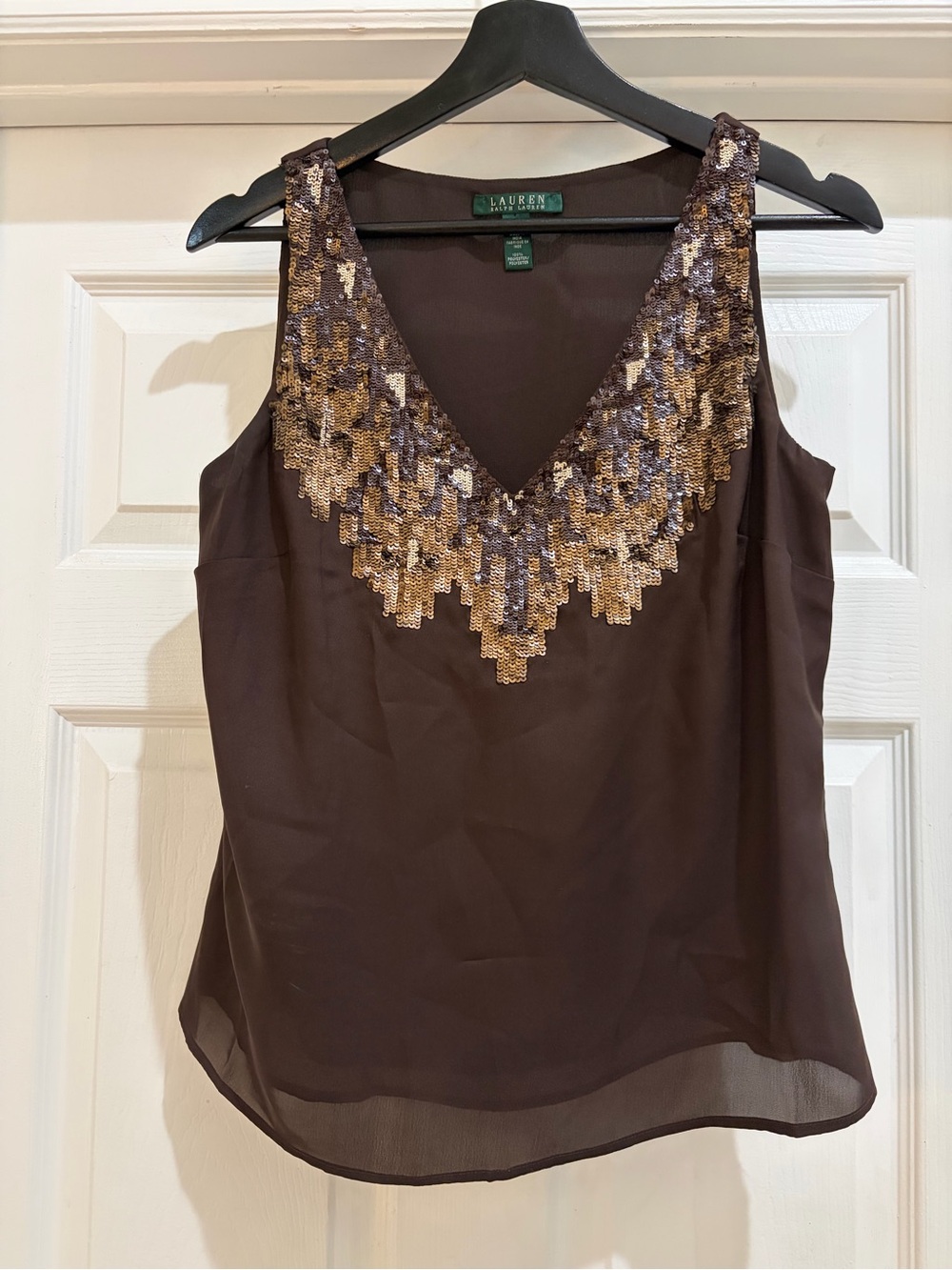 Ralph Lauren Brown Sequin-Embellished V-Neck Sleeveless Camisole